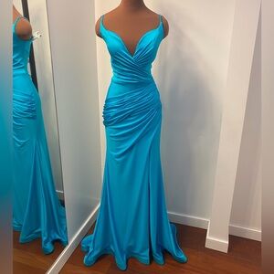 Ruched Satin Jersey dress with slit.